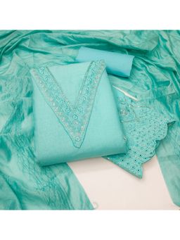Zeepkart - Cotton Turquoise Colour Embroidered Unstitched Kurta and Bottom with Dupatta (Set of 3)