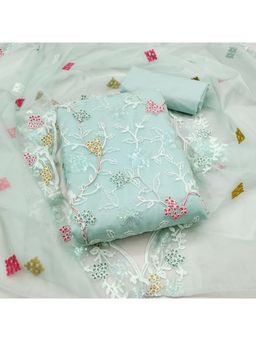 Zeepkart - Organza Sky Colour Embroidered Unstitched Kurta and Bottom with Dupatta (Set of 3)