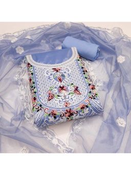 Zeepkart - Organza Blue Colour Embroidered Unstitched Kurta and Bottom with Dupatta (Set of 3)