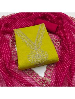 Zeepkart - Chanderi Silk Parrot Colour Embroidered Unstitched Kurta and Bottom with Dupatta (Set of 3)