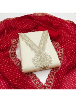 Zeepkart - Chanderi Silk White Colour Embroidered Unstitched Kurta and Bottom with Dupatta (Set of 3)