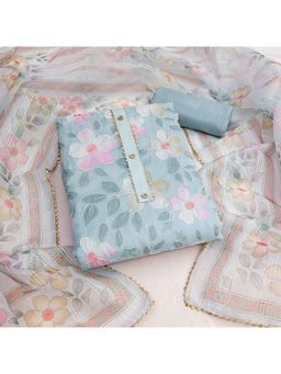 Zeepkart - Chanderi Blue Colour Floral Unstitched Kurta and Bottom with Dupatta (Set of 3)