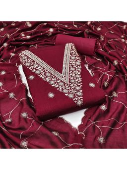 Zeepkart - Chanderi Silk Red Colour Embroidered Unstitched Kurta and Bottom with Dupatta (Set of 3)