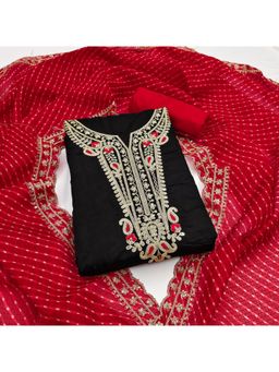 Zeepkart - Chanderi Silk Black Colour Embroidered Unstitched Kurta and Bottom with Dupatta (Set of 3)