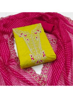 Zeepkart - Chanderi Silk Green Colour Embroidered Unstitched Kurta and Bottom with Dupatta (Set of 3)