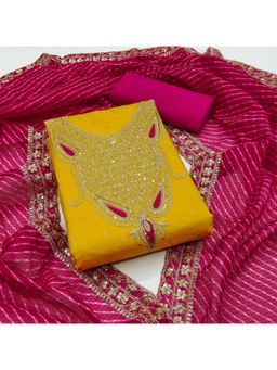 Zeepkart - Chanderi Silk Rani Colour Embroidered Unstitched Kurta and Bottom with Dupatta (Set of 3)