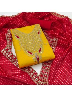 Zeepkart - Chanderi Silk Red Colour Embroidered Unstitched Kurta and Bottom with Dupatta (Set of 3)