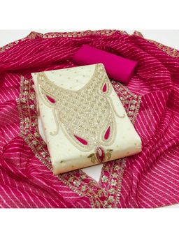 Zeepkart - Chanderi Silk Rani Colour Embroidered Unstitched Kurta and Bottom with Dupatta (Set of 3)