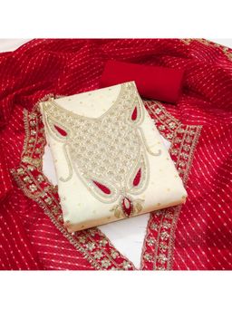 Zeepkart - Chanderi Silk Red Colour Embroidered Unstitched Kurta and Bottom with Dupatta (Set of 3)
