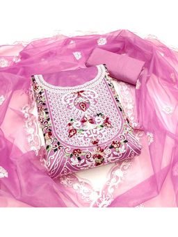 Zeepkart - Organza Silk Pink Colour Embroidered Unstitched Kurta and Bottom with Dupatta (Set of 3)