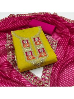 Zeepkart - Chanderi Silk Green Colour Embellished Unstitched Kurta and Bottom with Dupatta (Set of 3)