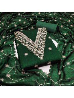 Zeepkart - Chanderi Silk Green Colour Embroidered Unstitched Kurta and Bottom with Dupatta (Set of 3)