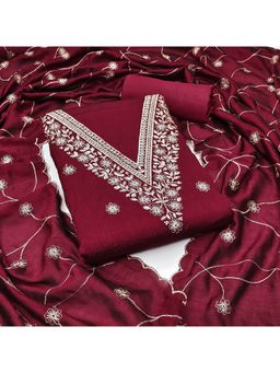 Zeepkart - Chanderi Silk Maroon Colour Embroidered Unstitched Kurta and Bottom with Dupatta (Set of 3)
