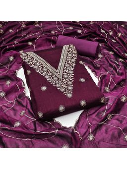 Zeepkart - Chanderi Silk Purple Colour Embroidered Unstitched Kurta and Bottom with Dupatta (Set of 3)