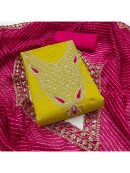 Zeepkart - Chanderi Silk Green Colour Embroidered Unstitched Kurta and Bottom with Dupatta (Set of 3)