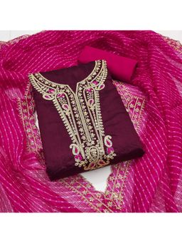 Zeepkart - Chanderi Silk Purple Colour Embellished Unstitched Kurta and Bottom with Dupatta (Set of 3)