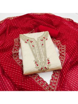 Zeepkart - Chanderi Silk Cream Colour Embellished Unstitched Kurta and Bottom with Dupatta (Set of 3)