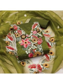 Zeepkart - Organza Silk Olive Colour Embroidered Unstitched Kurta and Bottom with Dupatta (Set of 3)