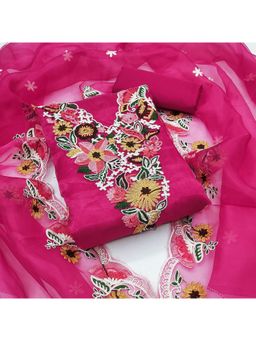 Zeepkart - Organza Silk Pink Colour Embroidered Unstitched Kurta and Bottom with Dupatta (Set of 3)