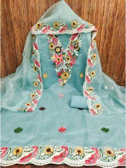 Zeepkart - Organza Silk Turquoise Colour Unstitched Kurta and Bottom with Dupatta (Set of 3)