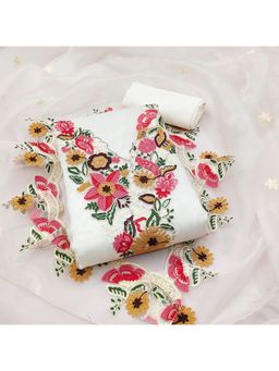 Zeepkart - Organza Silk White Colour Embroidered Unstitched Kurta and Bottom with Dupatta (Set of 3)