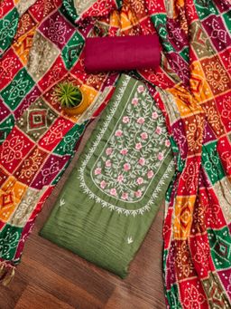 Zeepkart - Cotton Green Colour Embroidered Unstitched Kurta and Bottom with Dupatta (Set of 3)
