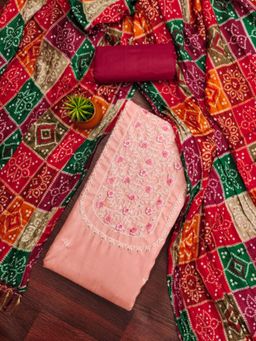 Zeepkart - Cotton Peach Colour Embroidered Unstitched Kurta and Bottom with Dupatta (Set of 3)