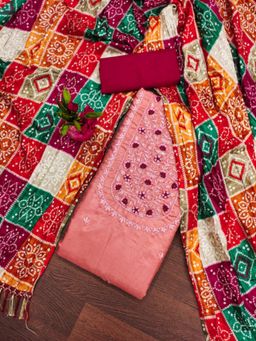 Zeepkart - Cotton Pink Colour Embroidered Unstitched Kurta and Bottom with Dupatta (Set of 3)