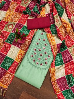 Zeepkart - Cotton Pista Colour Embroidered Unstitched Kurta and Bottom with Dupatta (Set of 3)
