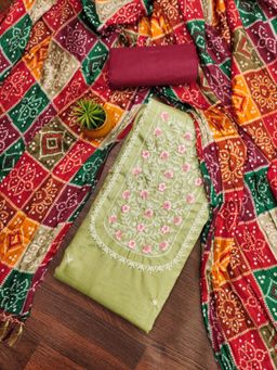 Zeepkart - Cotton Green Colour Embroidered Unstitched Kurta and Bottom with Dupatta (Set of 3)