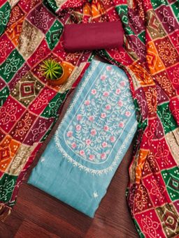 Zeepkart - Cotton Sky Colour Embroidered Unstitched Kurta and Bottom with Dupatta (Set of 3)