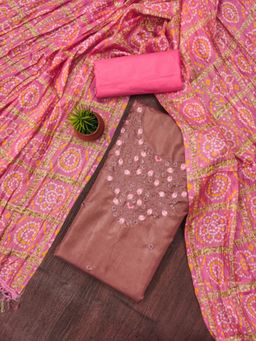 Zeepkart - Cotton Chiku Brown Colour Embroidered Unstitched Kurta and Bottom with Dupatta (Set of 3)