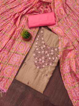 Zeepkart - Cotton Coffee Brown Colour Embroidered Unstitched Kurta and Bottom with Dupatta (Set of 3)