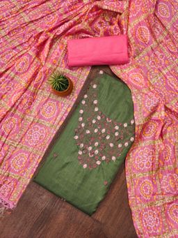 Zeepkart - Cotton Green Colour Embroidered Unstitched Kurta and Bottom with Dupatta (Set of 3)