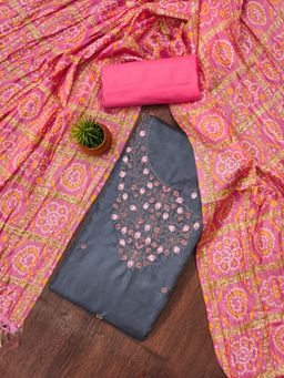 Zeepkart - Chanderi Grey Black Colour Embroidered Unstitched Kurta and Bottom with Dupatta (Set of 3)
