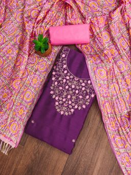 Zeepkart - Cotton Purple Colour Embroidered Unstitched Kurta and Bottom with Dupatta (Set of 3)