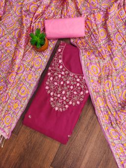 Zeepkart - Cotton Rani Pink Colour Embroidered Unstitched Kurta and Bottom with Dupatta (Set of 3)