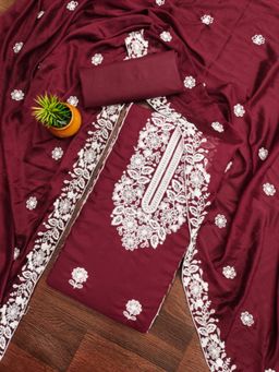 Zeepkart - Cotton Maroon Colour Embroidered Unstitched Kurta and Bottom with Dupatta (Set of 3)