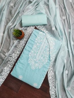 Zeepkart - Cotton Sky Colour Embroidered Unstitched Kurta and Bottom with Dupatta (Set of 3)