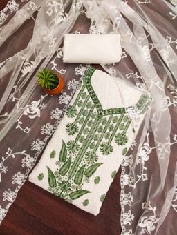 Zeepkart - Georgette Green Colour Embroidered Unstitched Kurta and Bottom with Dupatta (Set of 3)
