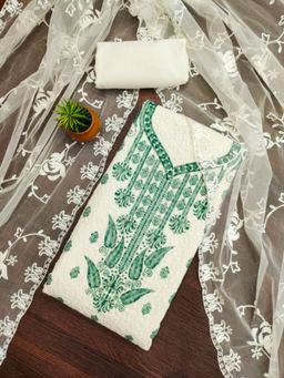 Zeepkart - Georgette Turquoise Colour Embroidered Unstitched Kurta and Bottom with Dupatta (Set of 3)