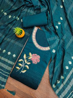 Zeepkart - Cotton Teal Colour Embroidered Unstitched Kurta and Bottom with Dupatta (Set of 3)