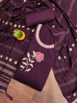 Zeepkart - Cotton Purple Colour Embroidered Unstitched Kurta and Bottom with Dupatta (Set of 3)