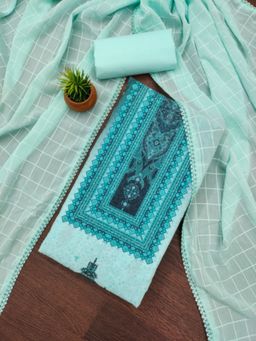 Zeepkart - Cotton Silk Teal Colour Embroidered Unstitched Kurta and Bottom with Dupatta (Set of 3)