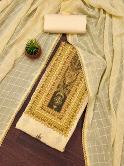 Zeepkart - Cotton Silk Yellow Colour Embroidered Unstitched Kurta and Bottom with Dupatta (Set of 3)