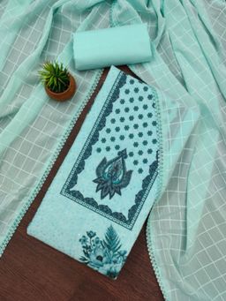 Zeepkart - Cotton Silk Teal Colour Floral Unstitched Kurta and Bottom with Dupatta (Set of 3)