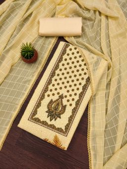 Zeepkart - Cotton Silk Yellow Colour Floral Unstitched Kurta and Bottom with Dupatta (Set of 3)