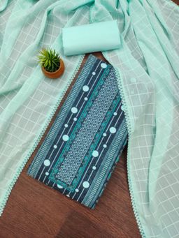 Zeepkart - Cotton Silk Teal Colour Printed Unstitched Kurta and Bottom with Dupatta (Set of 3)