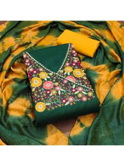 Zeepkart - Cotton Silk Green Colour Embroidered Unstitched Kurta and Bottom with Dupatta (Set of 3)