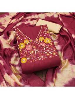 Zeepkart - Cotton Silk Red Colour Embroidered Unstitched Kurta and Bottom with Dupatta (Set of 3)